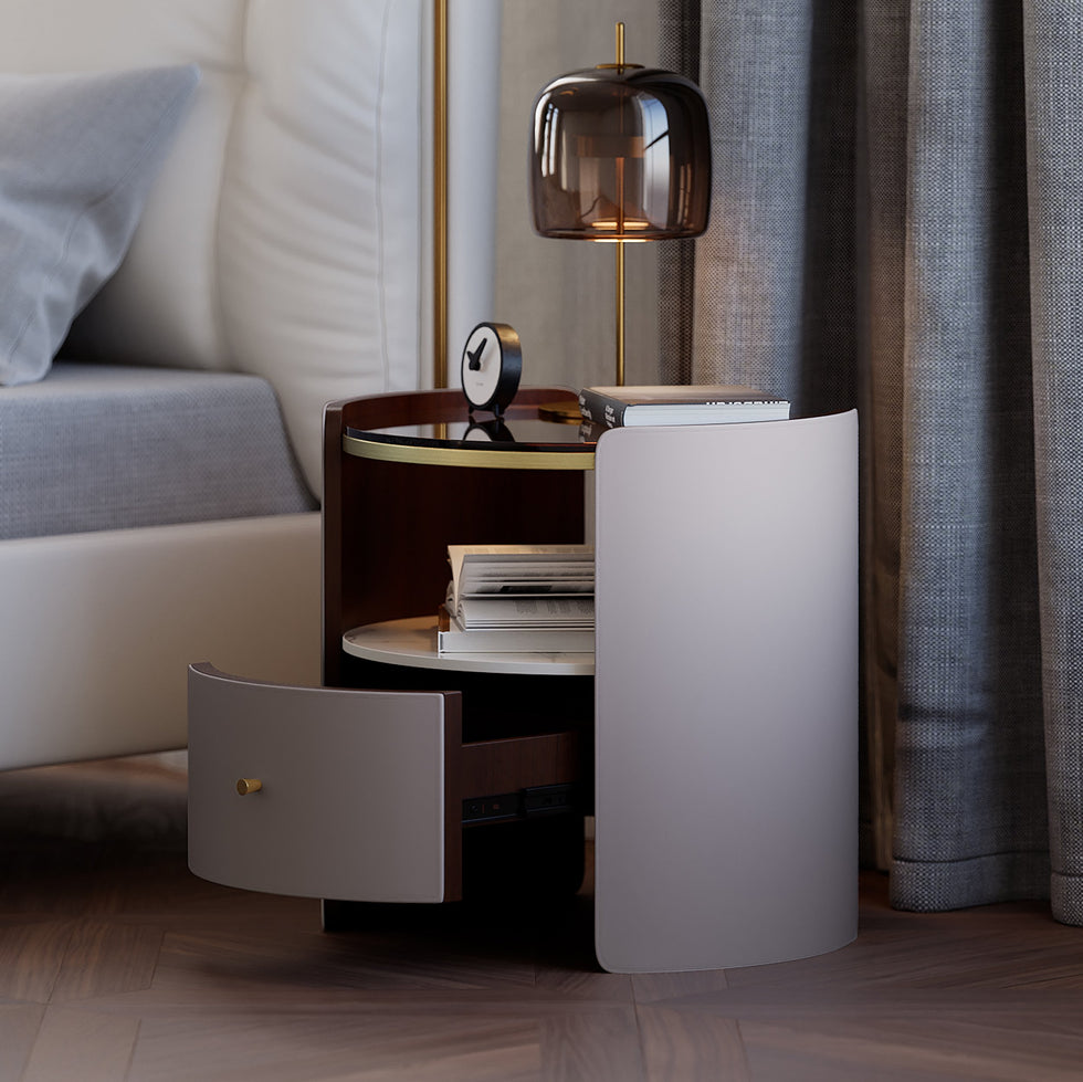 HMR - Modern Round Leather Nightstand with Glass Top & Sintered Stone Bedside with Shelf