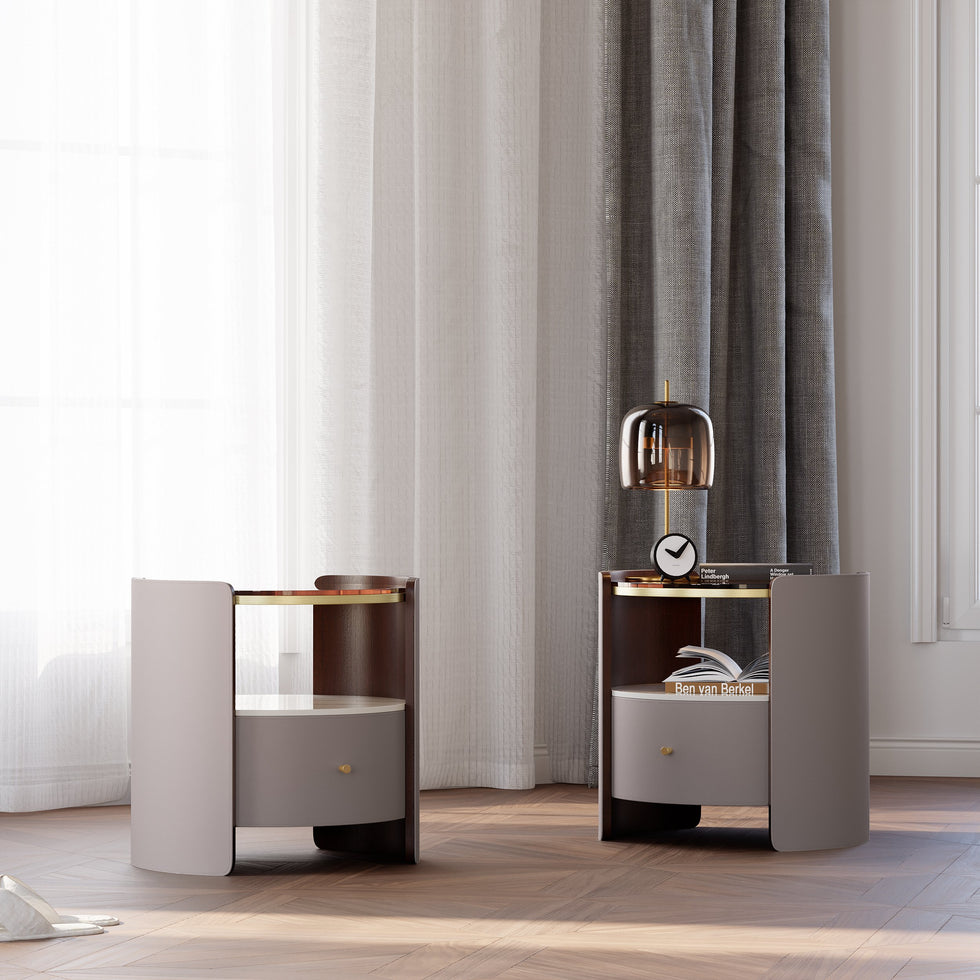 HMR - Modern Round Leather Nightstand with Glass Top & Sintered Stone Bedside with Shelf