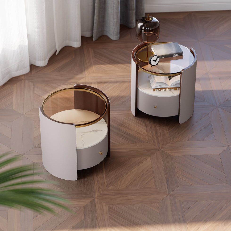 HMR - Modern Round Leather Nightstand with Glass Top & Sintered Stone Bedside with Shelf