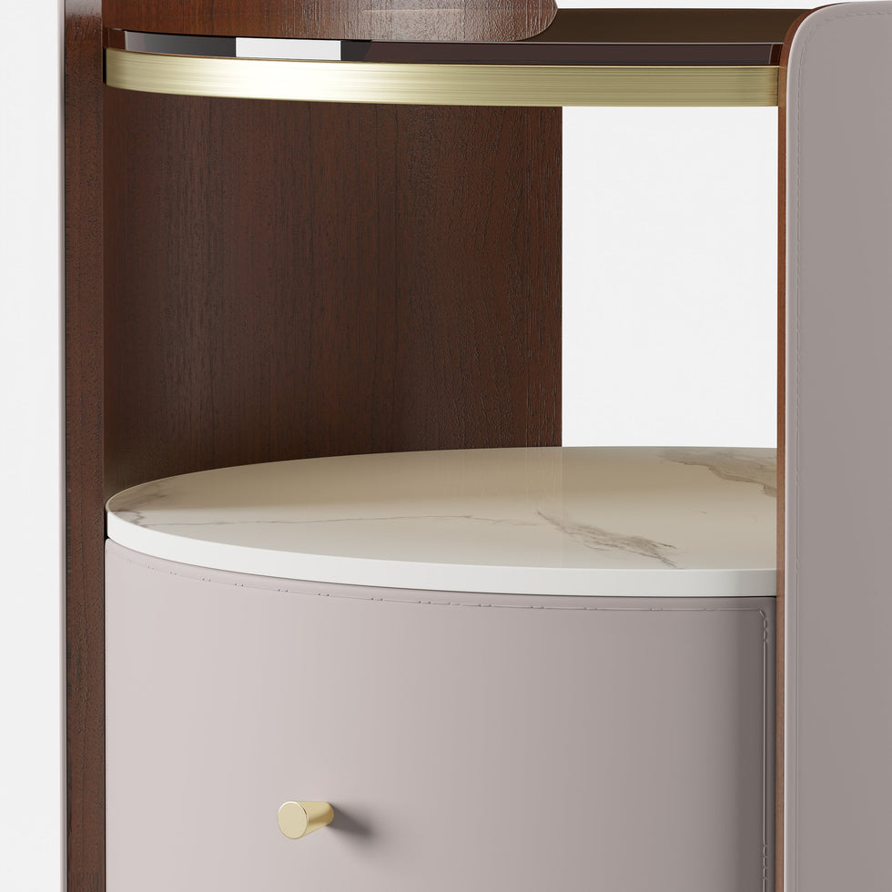 HMR - Modern Round Leather Nightstand with Glass Top & Sintered Stone Bedside with Shelf