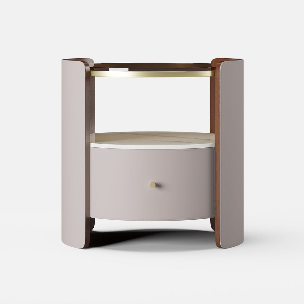 HMR - Modern Round Leather Nightstand with Glass Top & Sintered Stone Bedside with Shelf