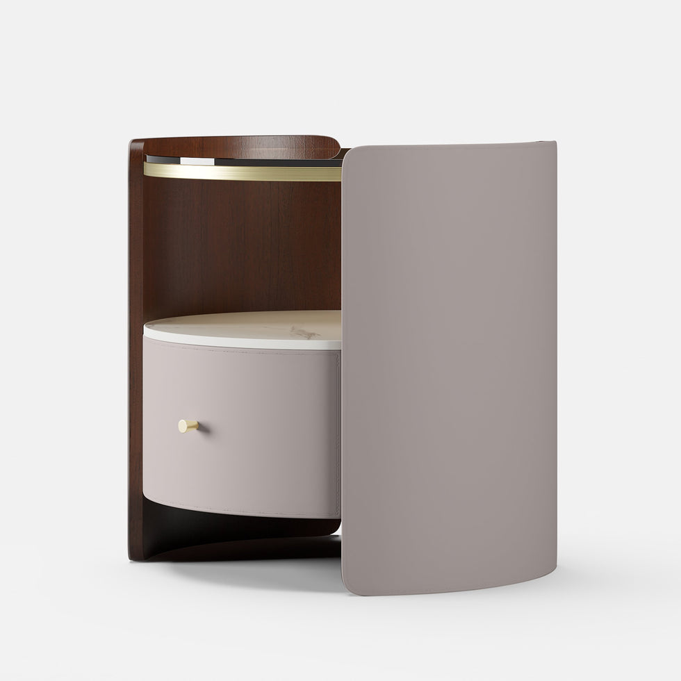 HMR - Modern Round Leather Nightstand with Glass Top & Sintered Stone Bedside with Shelf
