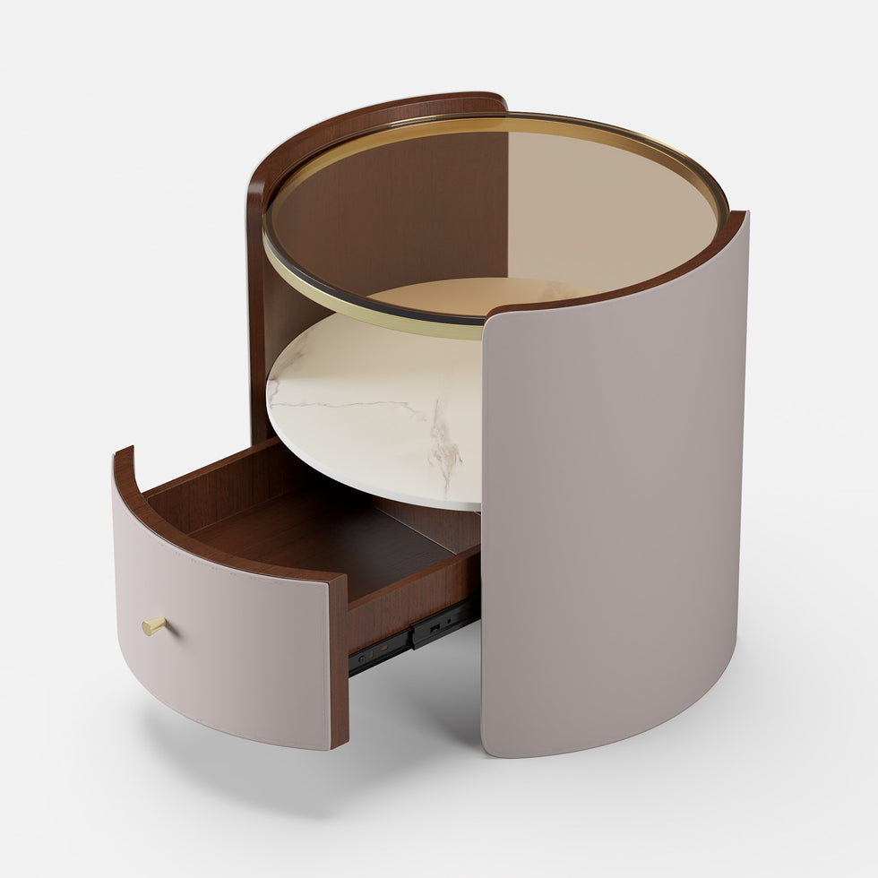 HMR - Modern Round Leather Nightstand with Glass Top & Sintered Stone Bedside with Shelf