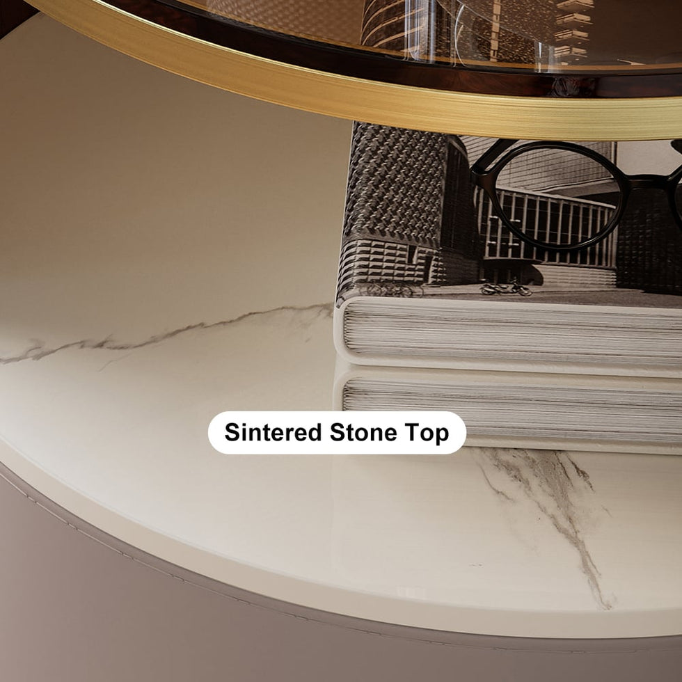HMR - Modern Round Leather Nightstand with Glass Top & Sintered Stone Bedside with Shelf