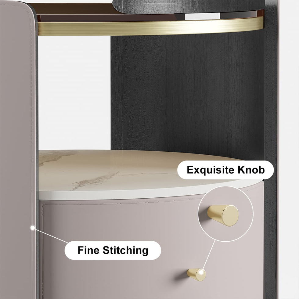 HMR - Modern Round Leather Nightstand with Glass Top & Sintered Stone Bedside with Shelf