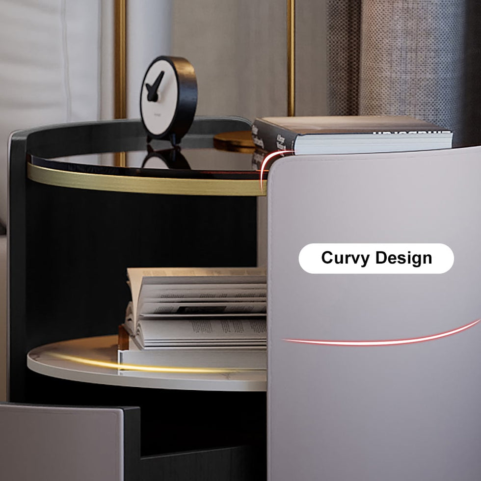 HMR - Modern Round Leather Nightstand with Glass Top & Sintered Stone Bedside with Shelf