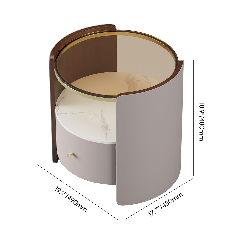 HMR - Modern Round Leather Nightstand with Glass Top & Sintered Stone Bedside with Shelf