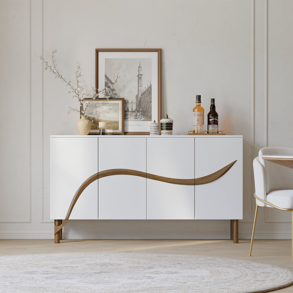 HMR - 63'' White & Walnut Contemporary Sideboard Cabinet 4-Door