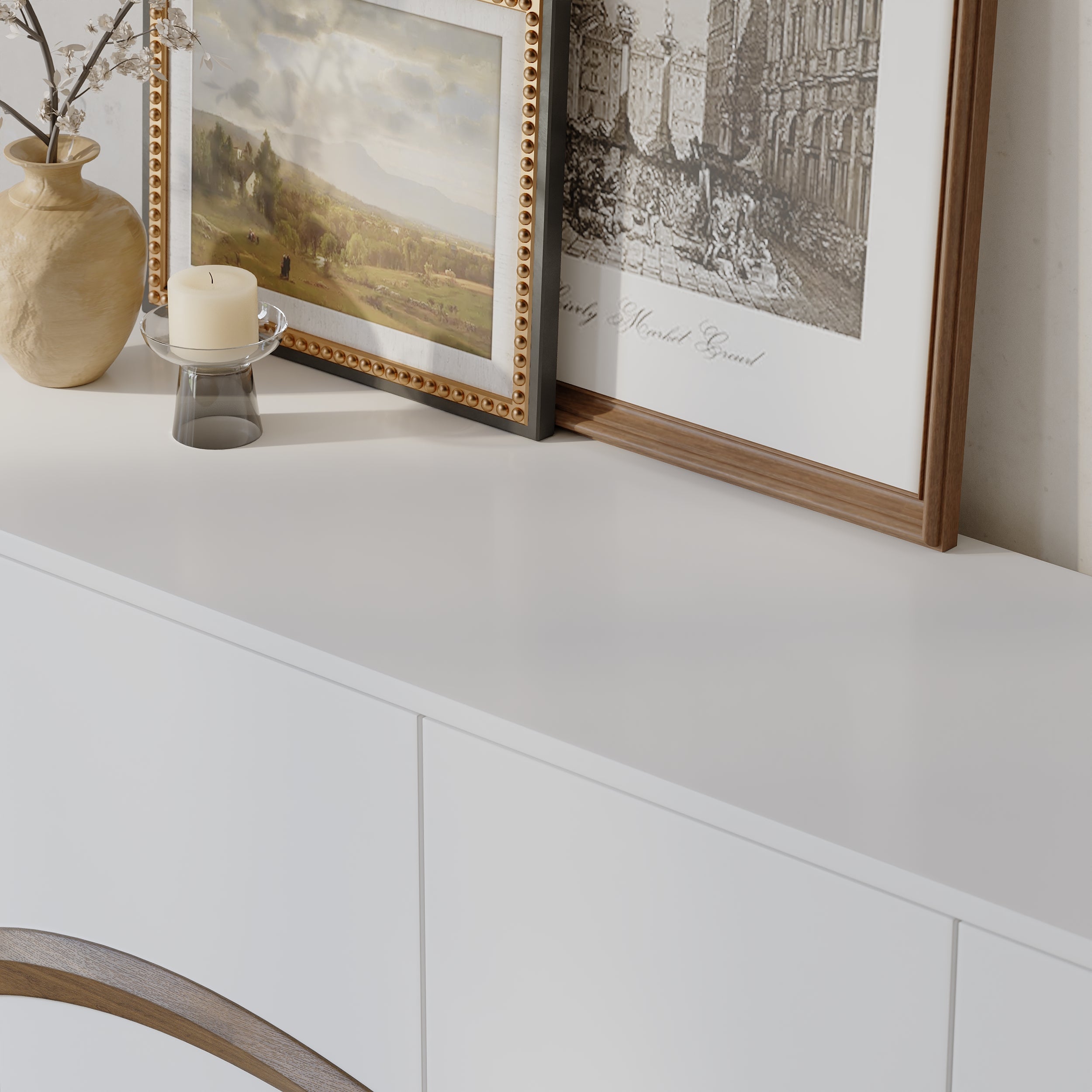 HMR - 63'' White & Walnut Contemporary Sideboard Cabinet 4-Door