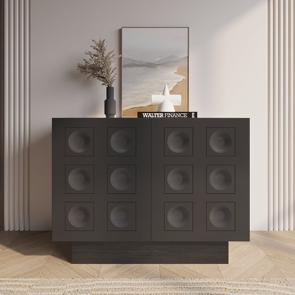 HMR - 41" Black Sideboard Buffet Doors&Drawers Modern Circle Patterned Kitchen Cabinet