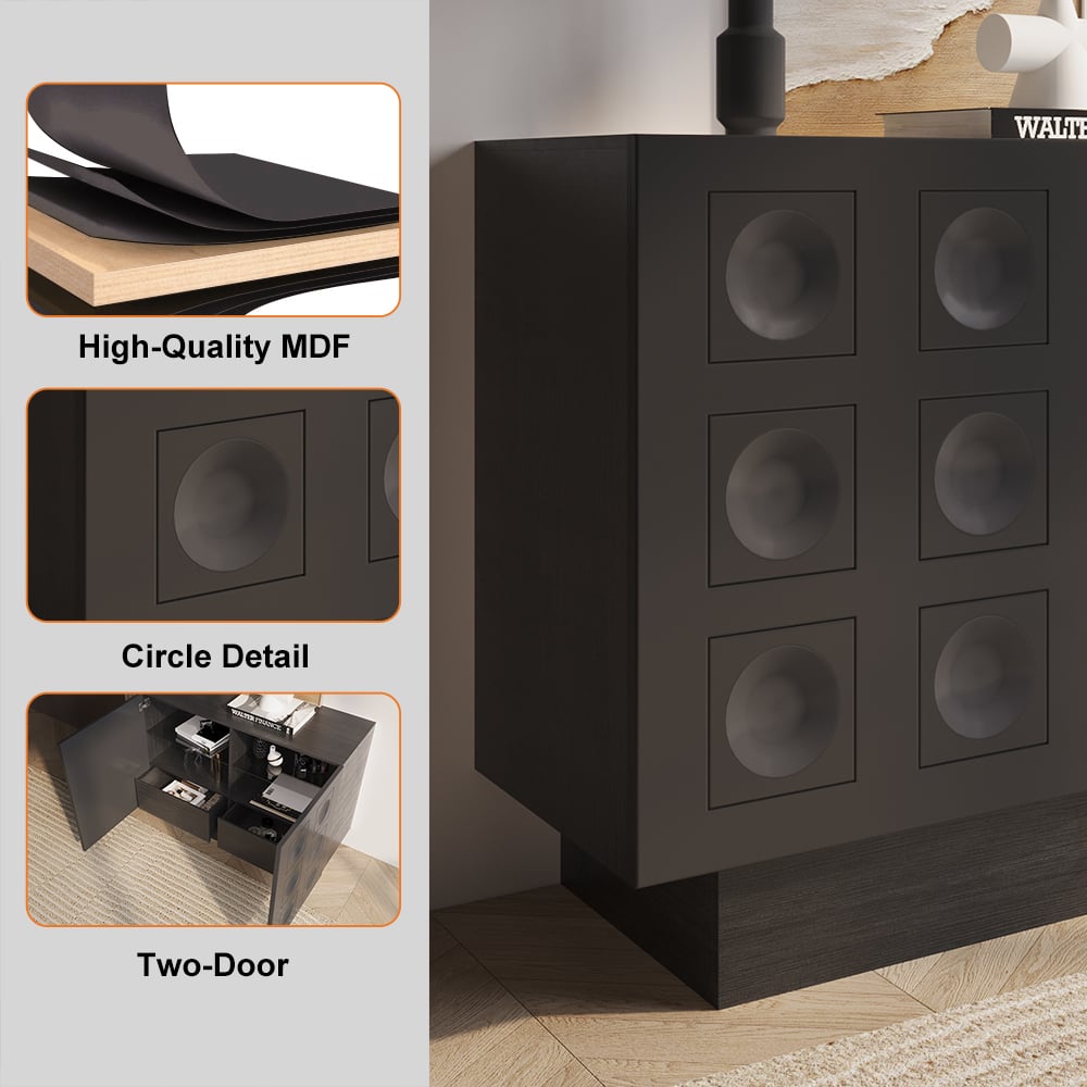 HMR - 41" Black Sideboard Buffet Doors&Drawers Modern Circle Patterned Kitchen Cabinet
