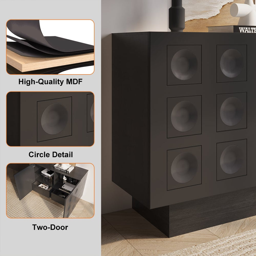 HMR - 41" Black Sideboard Buffet Doors&Drawers Modern Circle Patterned Kitchen Cabinet