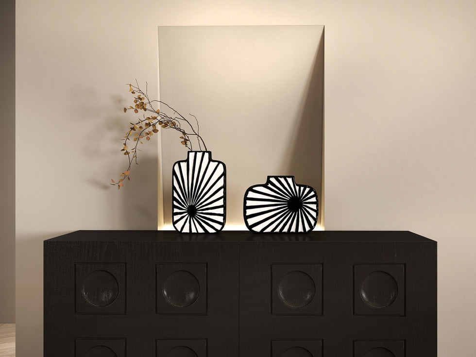 HMR - 41" Black Sideboard Buffet Doors&Drawers Modern Circle Patterned Kitchen Cabinet