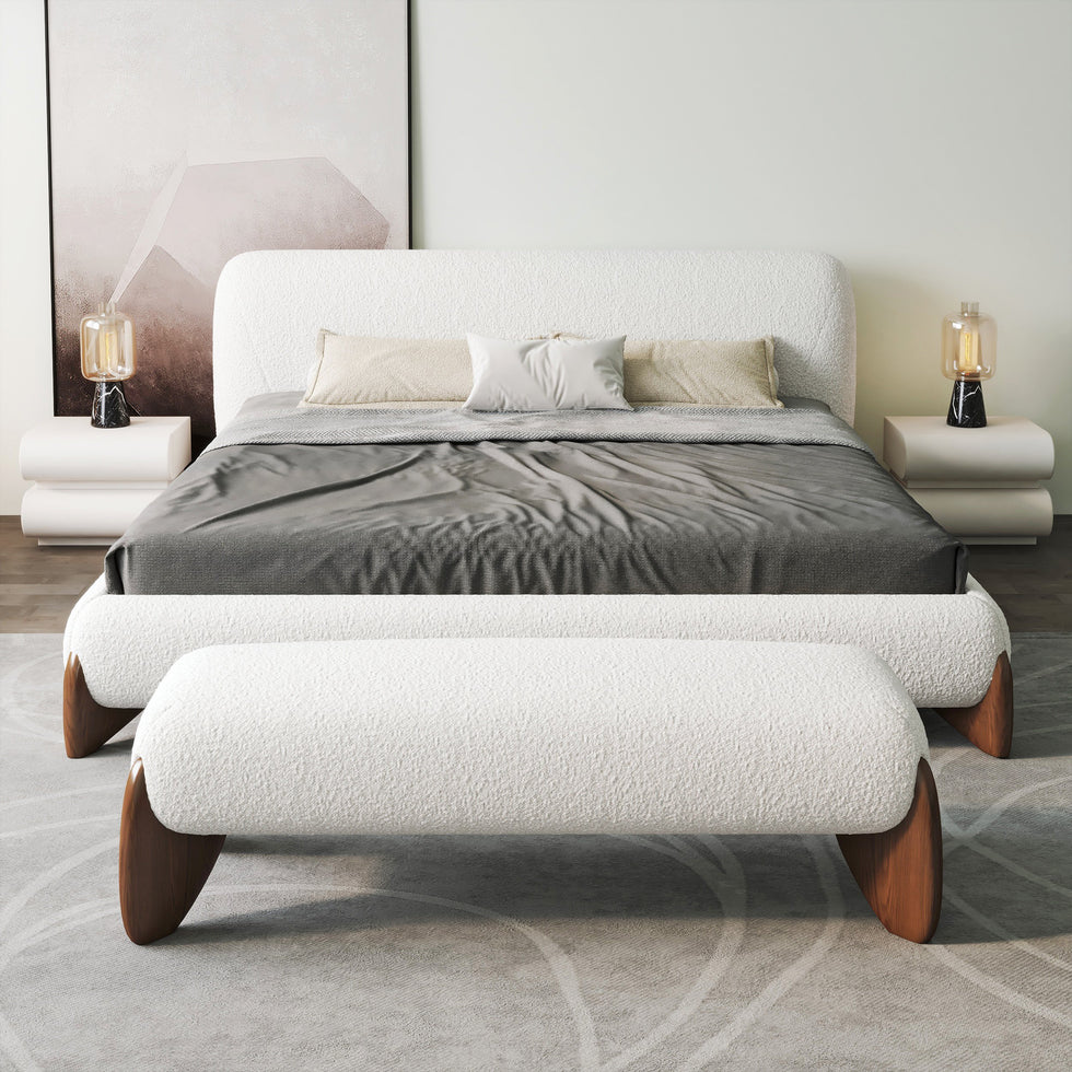 HMR - Curva White Boucle Platform Bed & Bedroom Bench Set