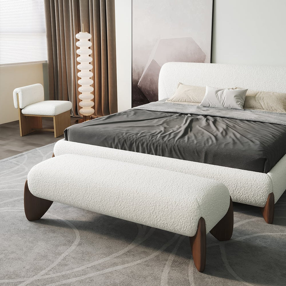 HMR - Curva White Boucle Platform Bed & Bedroom Bench Set