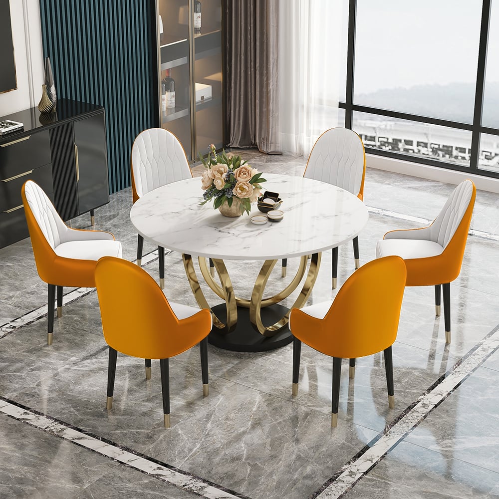 HMR - Dining Set 53.1" Modern Style Round Sintered Stone Dining Table with 6 Chairs
