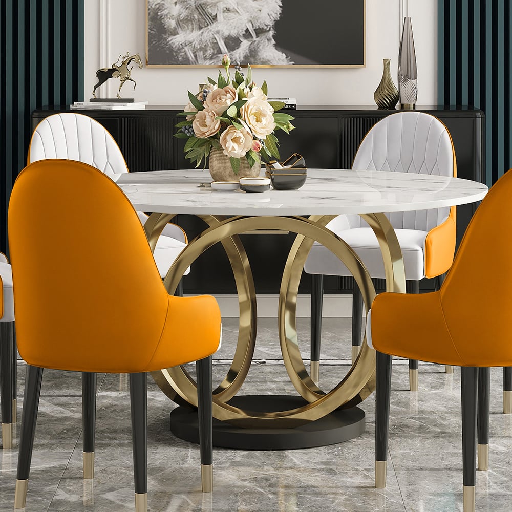 HMR - Dining Set 53.1" Modern Style Round Sintered Stone Dining Table with 6 Chairs