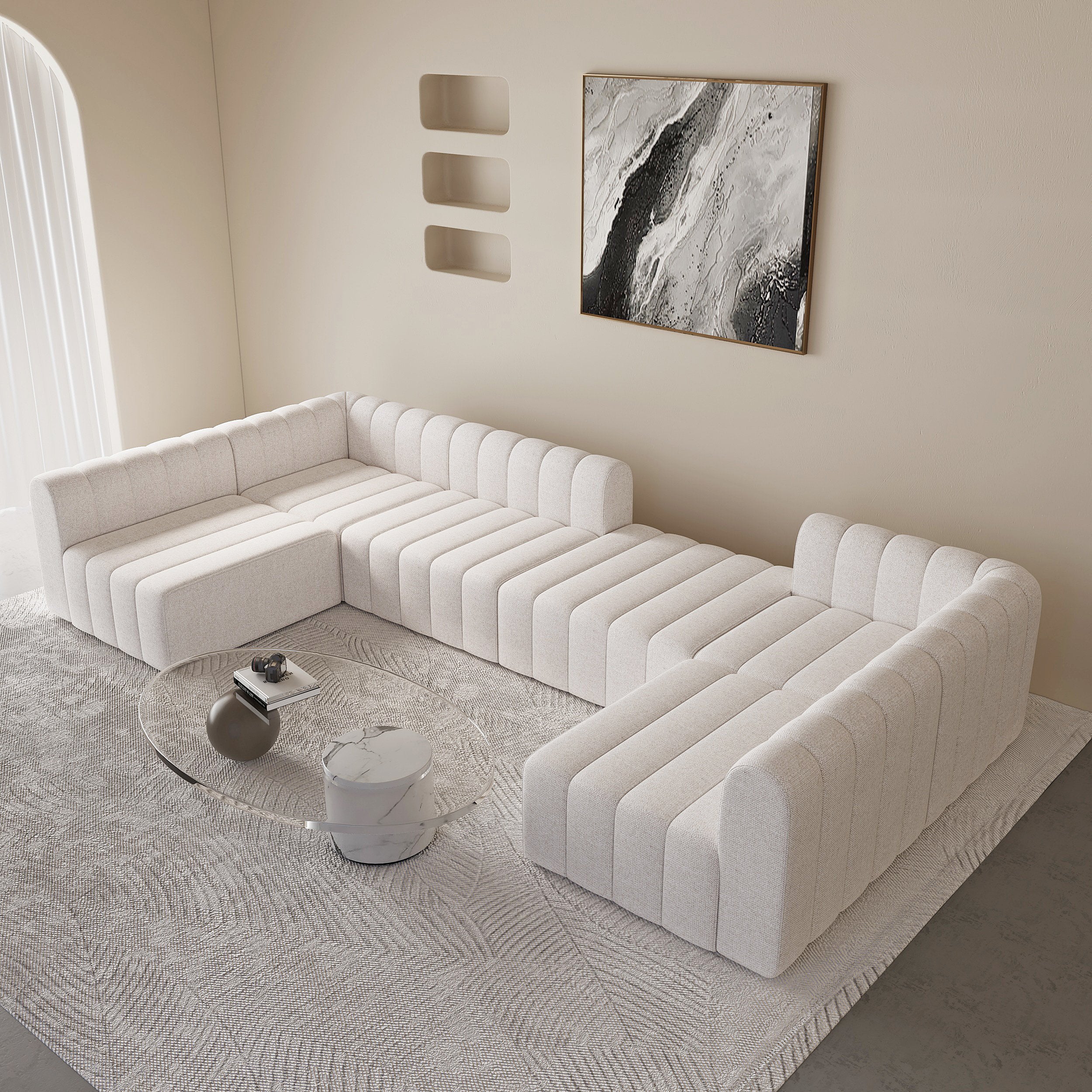 HMR - 118.9" Modular Pit Sectional Sofa Set Convertible 6-Seater