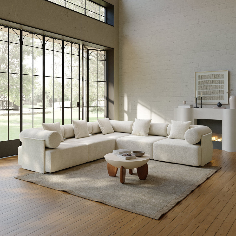 HMR - 110" 5-Piece Modular White Velvet L-Shape Sectional Sofa & Wooden Coffee Table