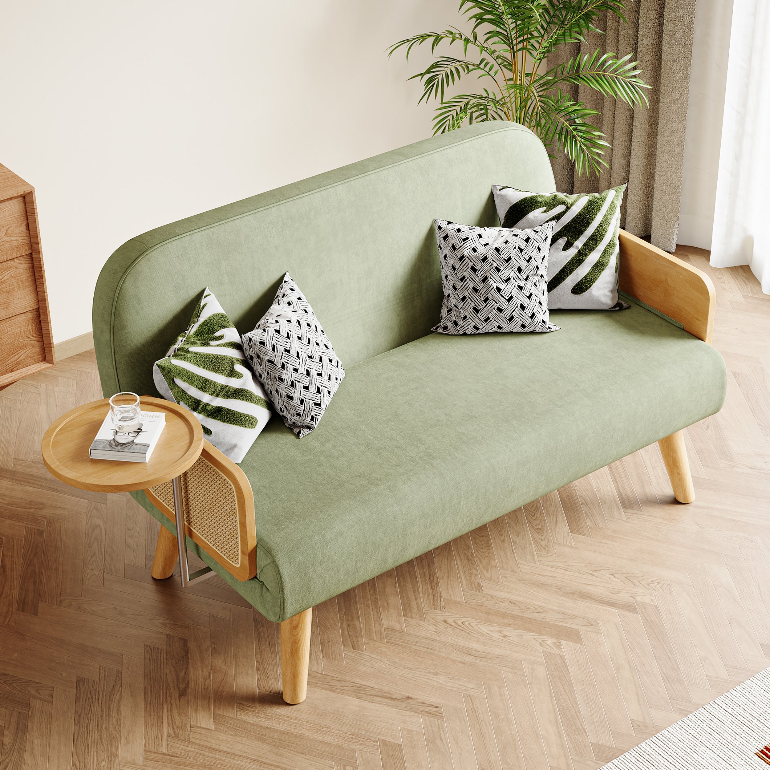 HMR - Velvet & Rattan Sleeper Sofa with Tray