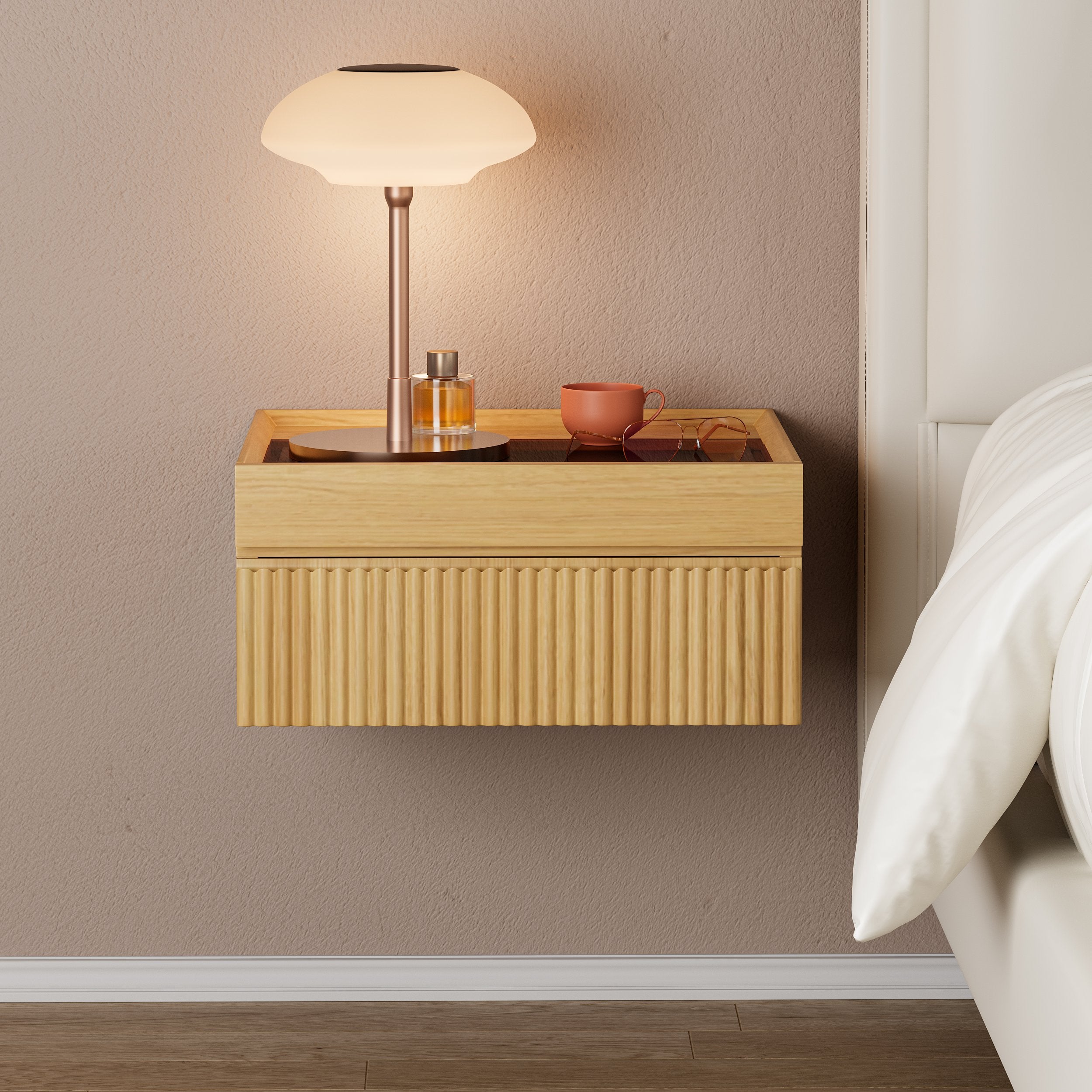 HMR - Modern Floating Nightstand with Glass Top & Jewelry Storage Bedside Table