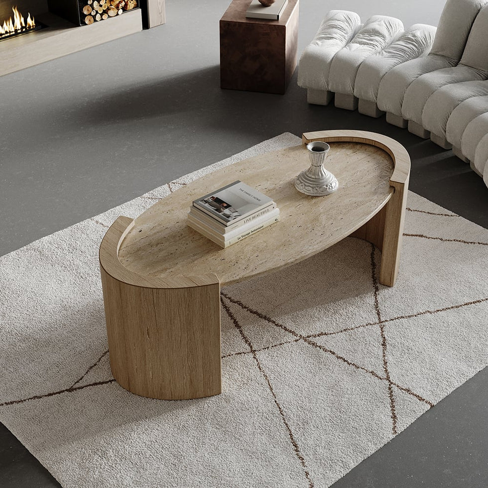 HMR - 43" Japandi Oval Travertine Stone Top Coffee Table