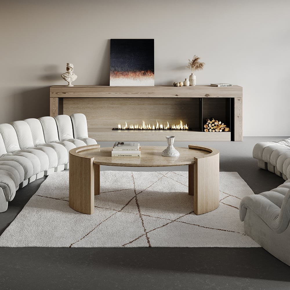 HMR - 43" Japandi Oval Travertine Stone Top Coffee Table