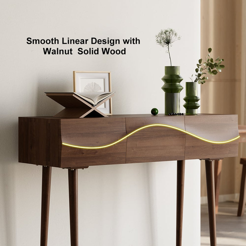 HMR - Lake Mid Century Walnut Console with 3 Drawers Solid Wood Entryway Table with Storage