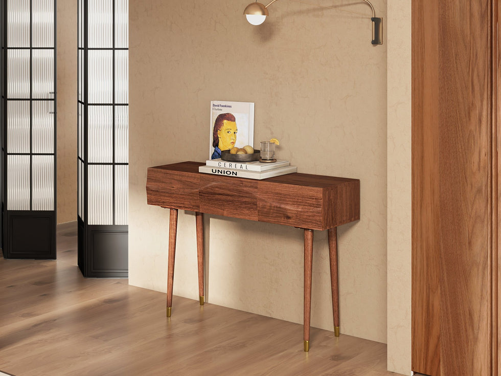 HMR - Lake Mid Century Walnut Console with 3 Drawers Solid Wood Entryway Table with Storage