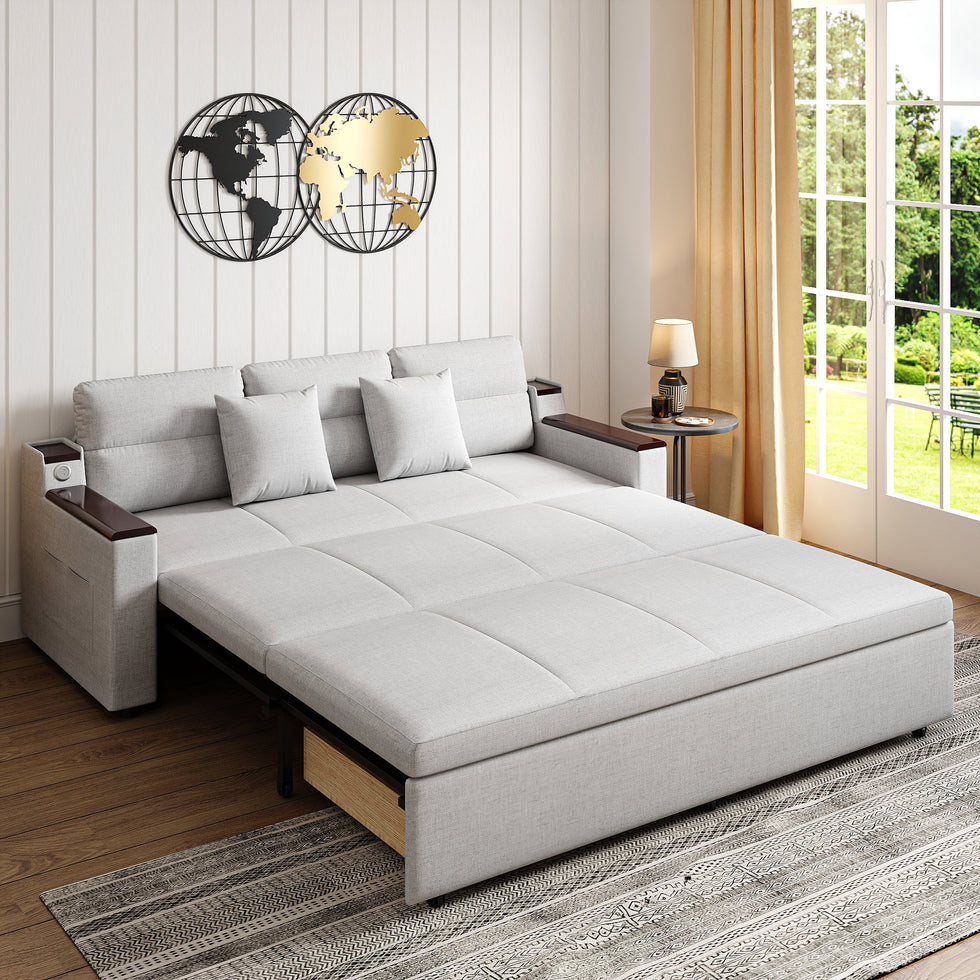 HMR - 83" King 3-Seater Sleeper Sofa with Trundle & USB Port
