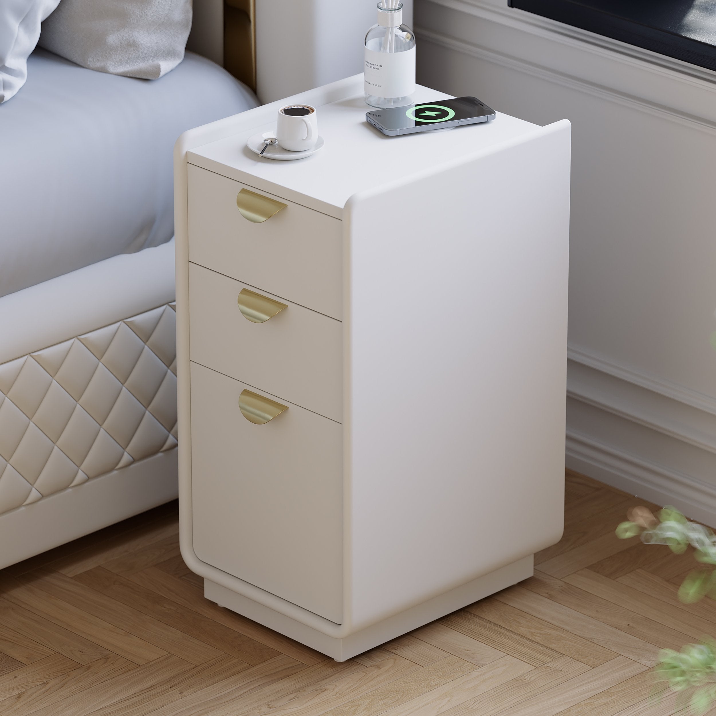 HMR - 12" White Leather Narrow Nightstand with Wireless Charger