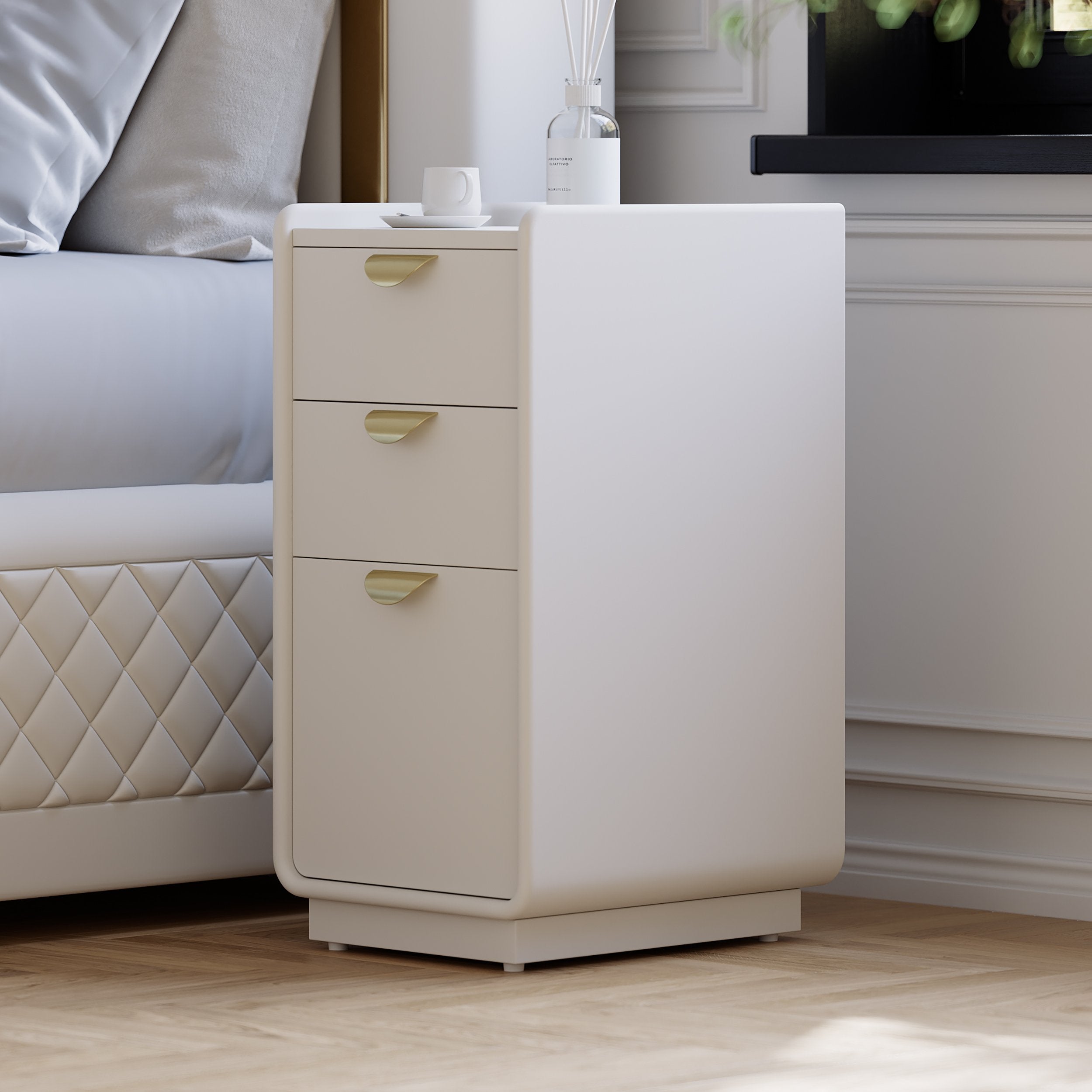 HMR - 12" White Leather Narrow Nightstand with Wireless Charger