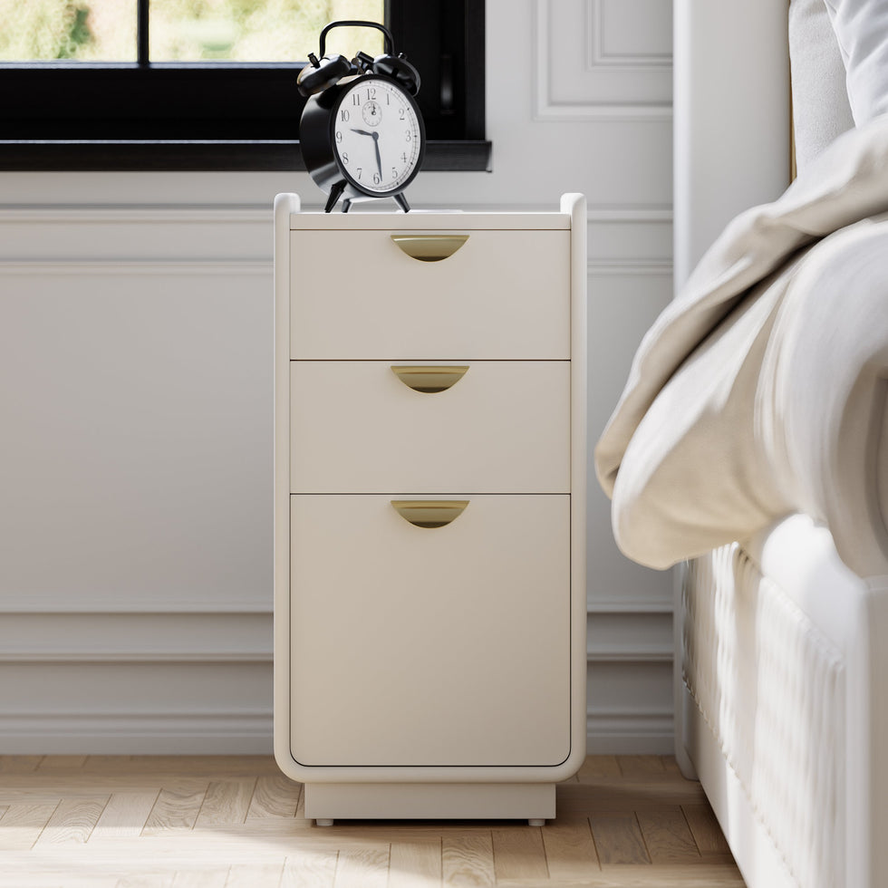 HMR - 12" White Leather Narrow Nightstand with Wireless Charger