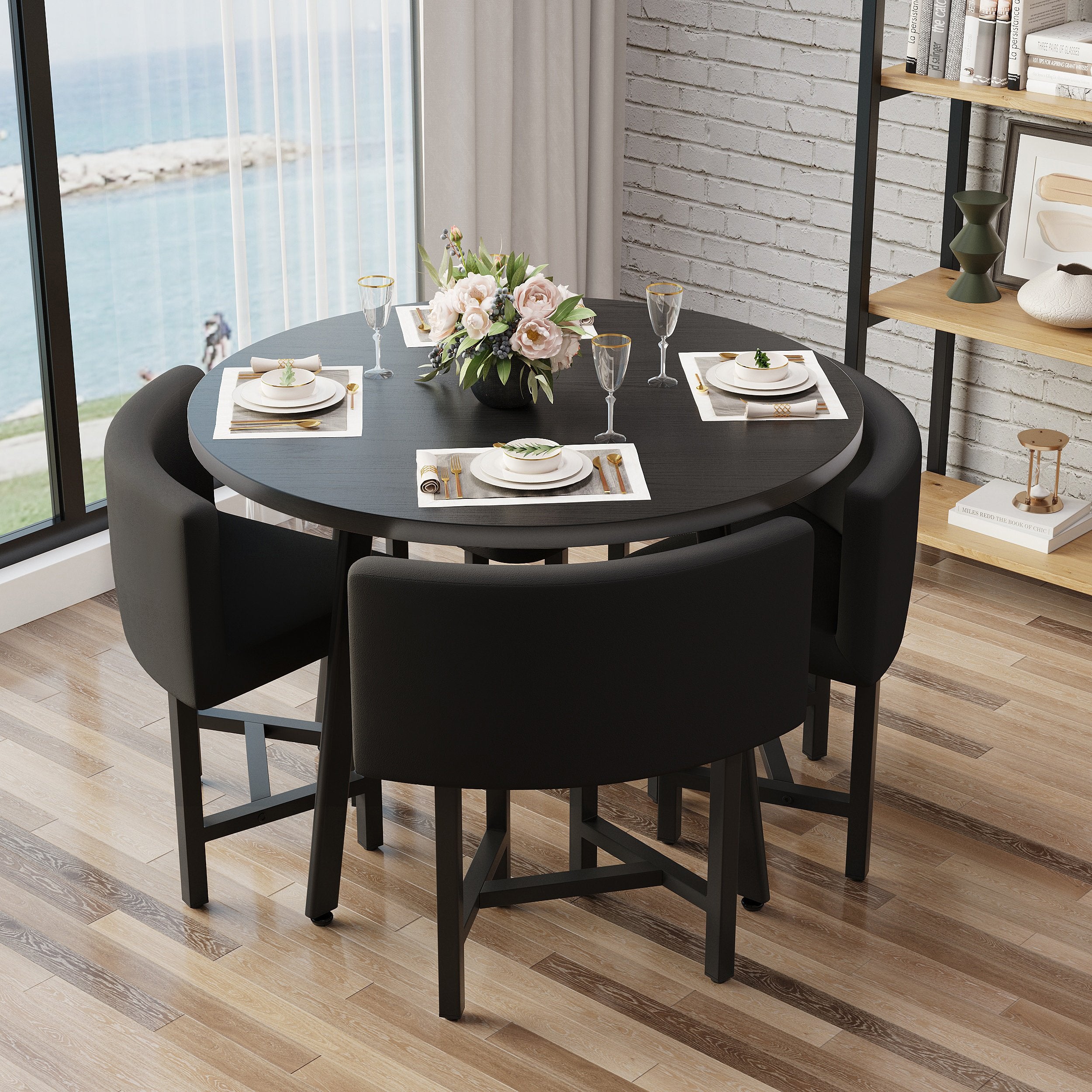 HMR - Dining Set 394 Modern Round Wood Dining Table with 4 Chairs