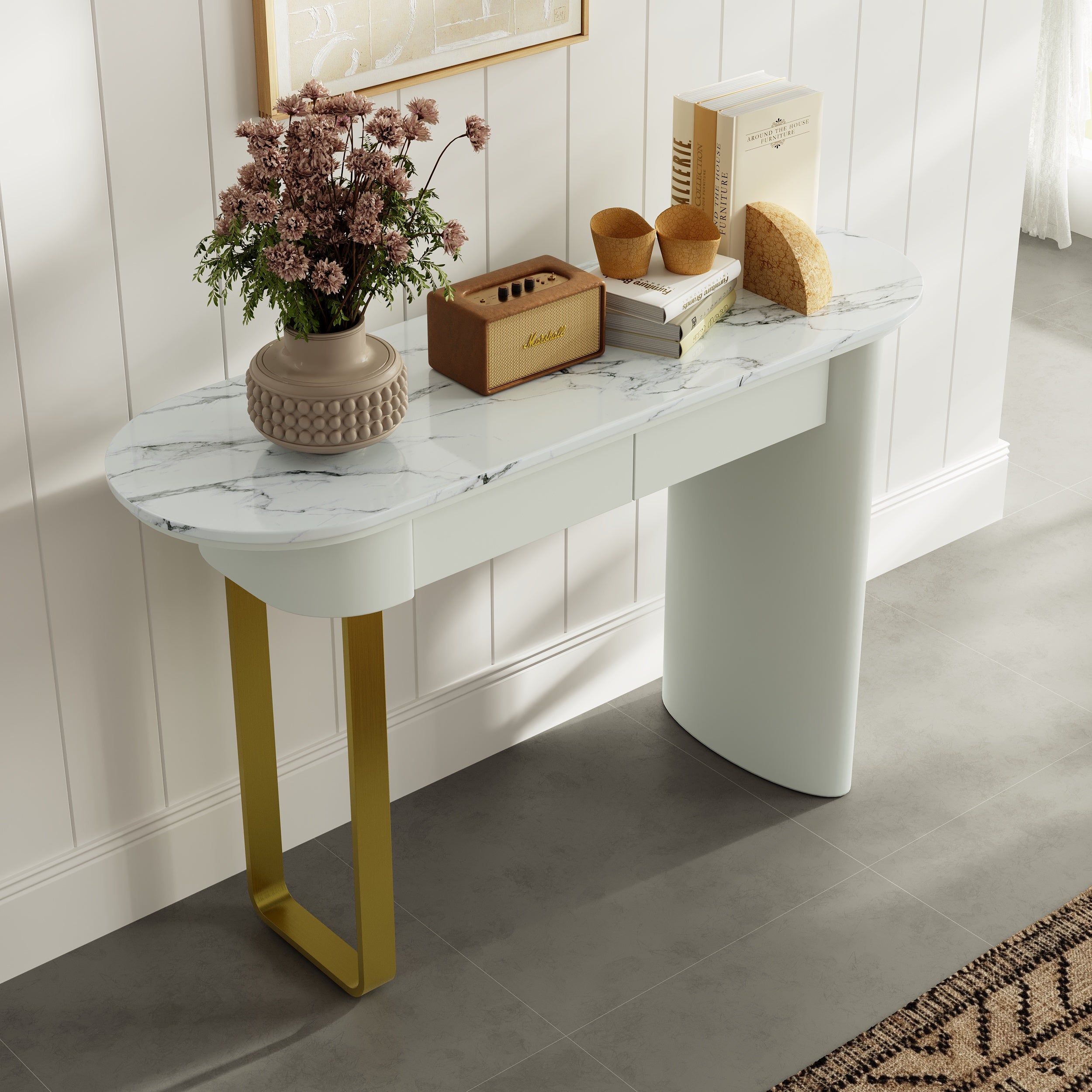 HMR - 45" White Marble Console Table with 2-Drawer