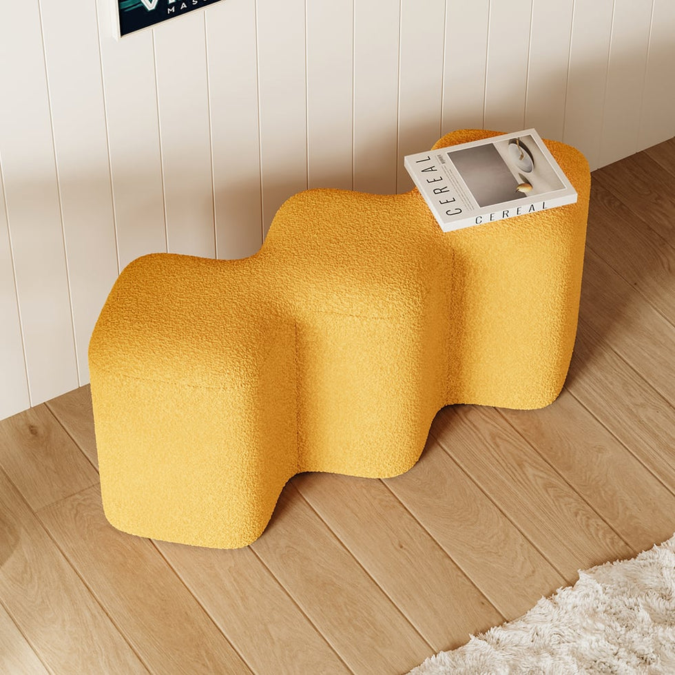 HMR - Modern Entryway Bench Boucle Upholstered Molecule Ottoman Wooden Frame