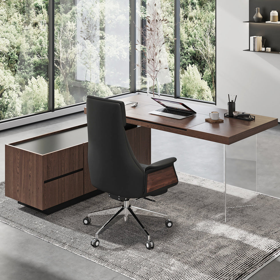 HMR - 71.5" Modern Standing L-Shape Desk & Reclining Leather Office Desk Chair