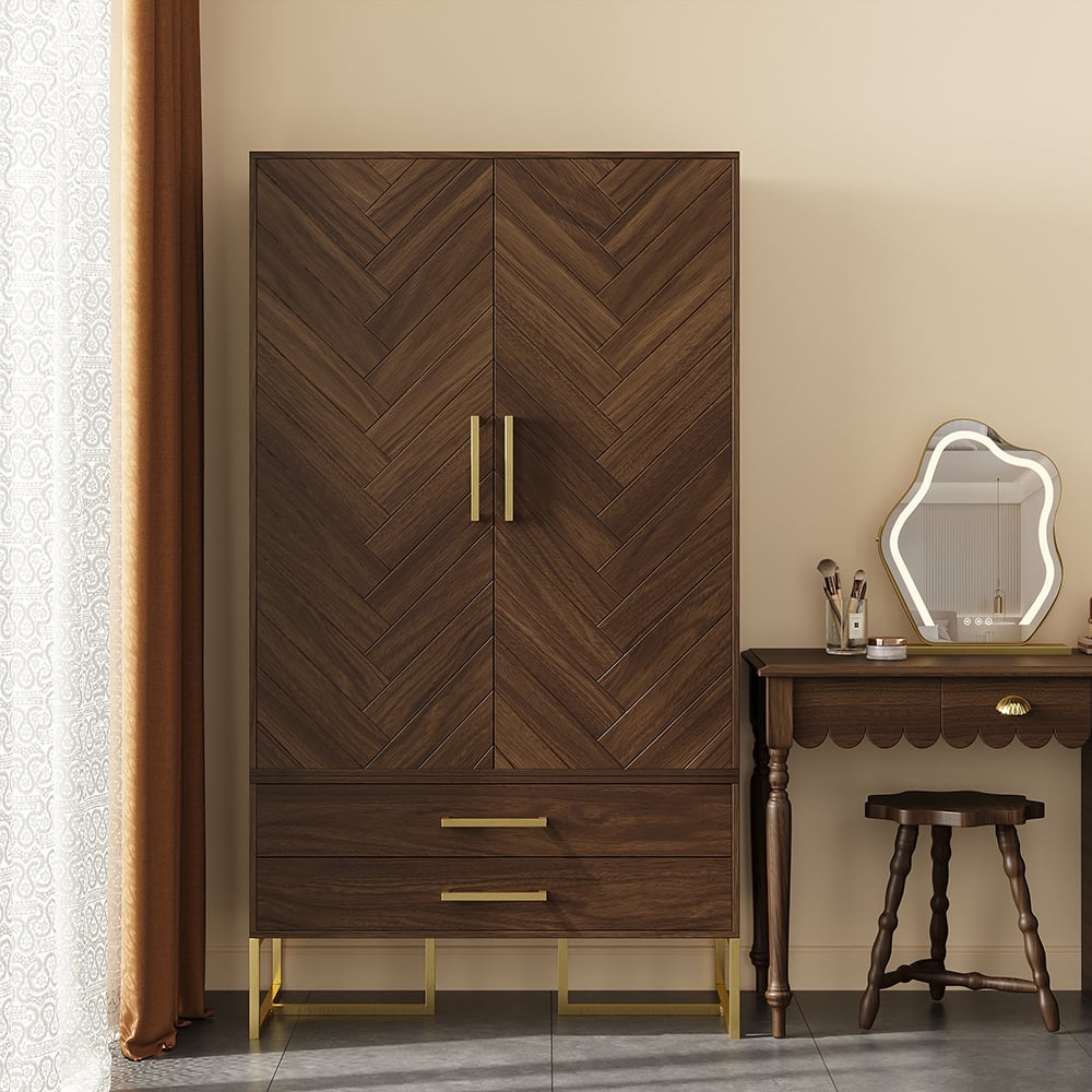 HMR - Mid Century Modern Amoire Closet Dresser Walnut Wardrobe Clothes Cabinet with Drawer