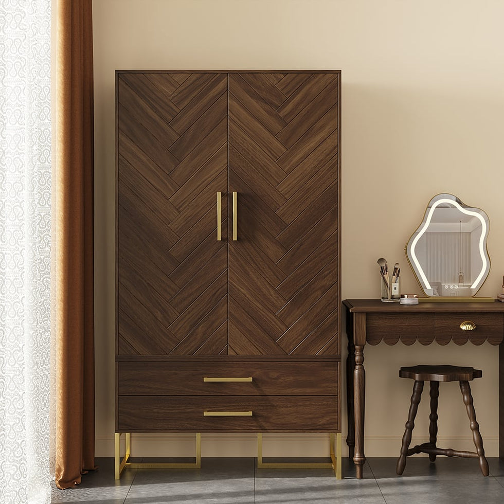 HMR - Mid Century Modern Amoire Closet Dresser Walnut Wardrobe Clothes Cabinet with Drawer
