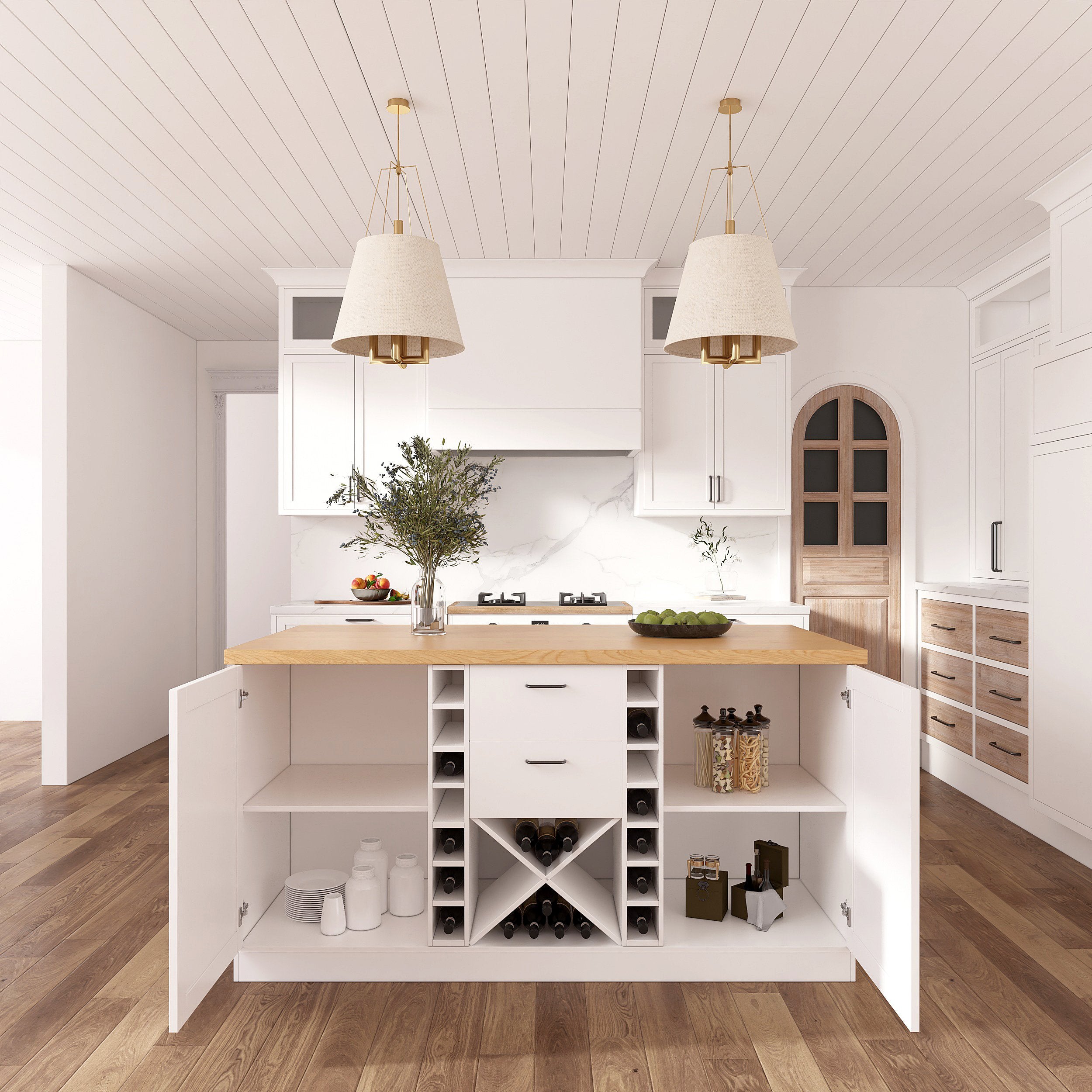 HMR - 59.1'' Modern Natural &White Kitchen lsland with Wine Storage