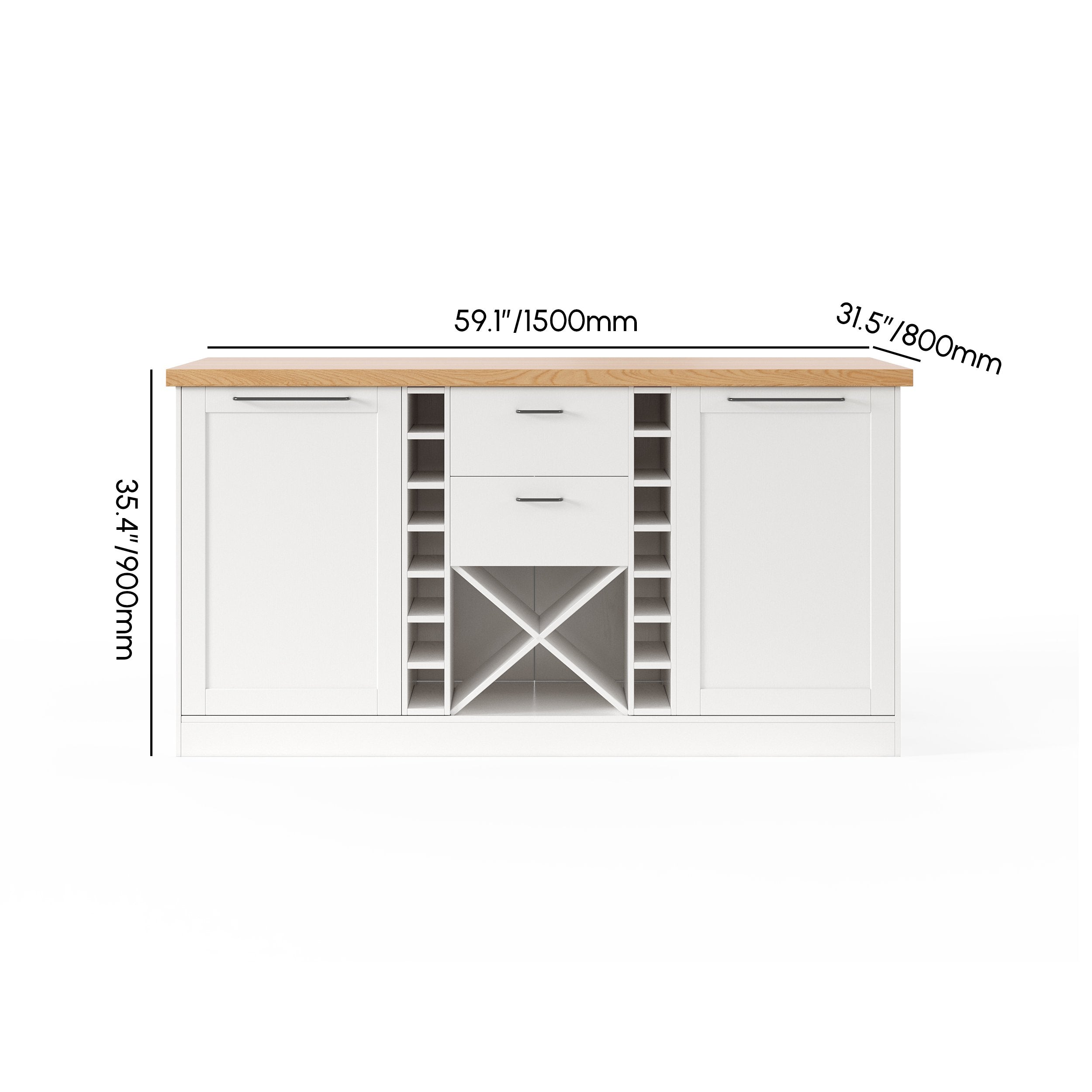HMR - 59.1'' Modern Natural &White Kitchen lsland with Wine Storage