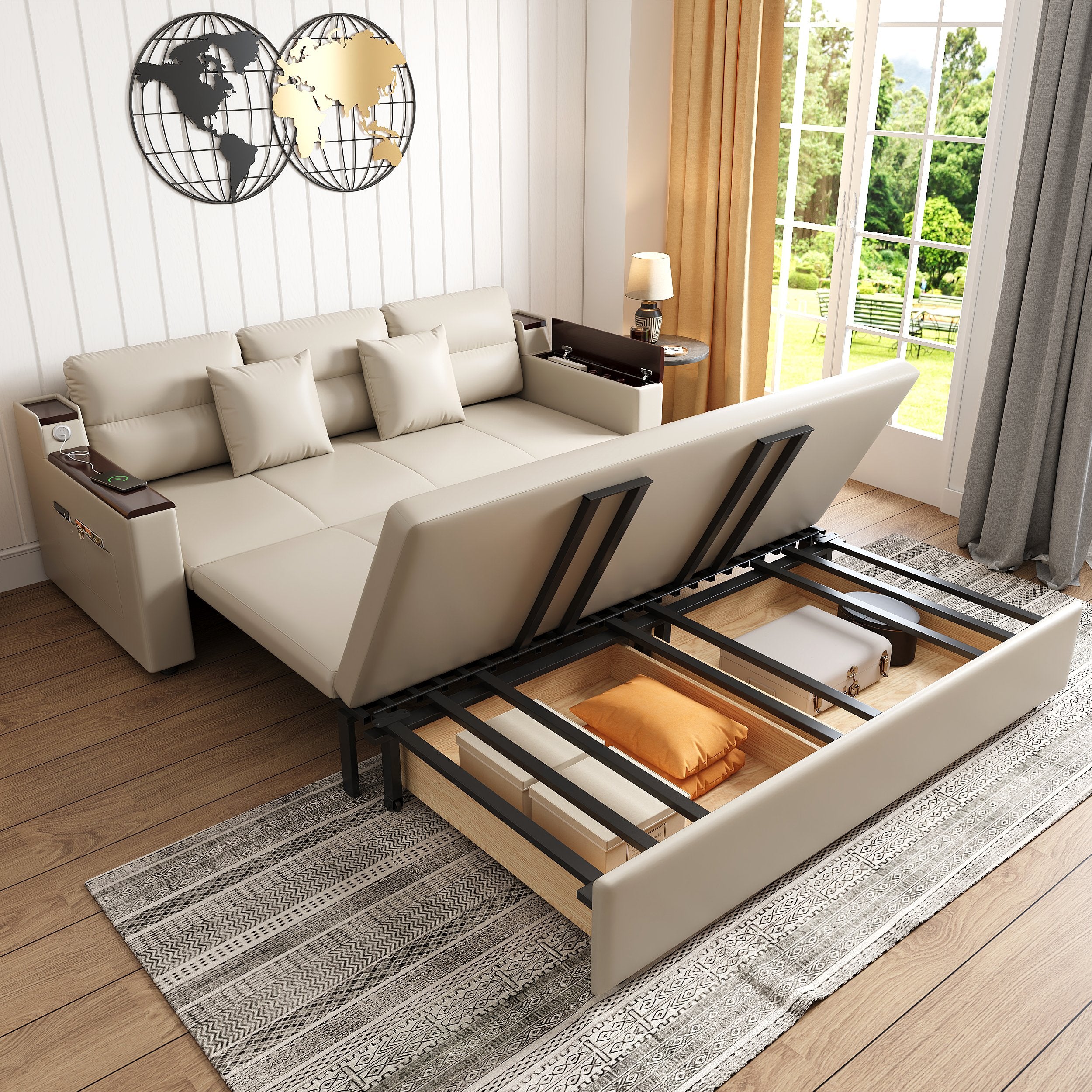 HMR - 83" King 3-Seater Sleeper Sofa with Trundle & USB Port