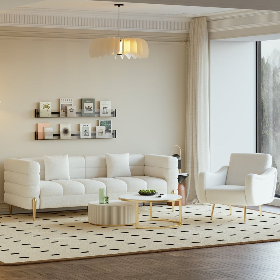 HMR - Modern White Boucle Accent Chair Armchair with Metal Leg in Gold