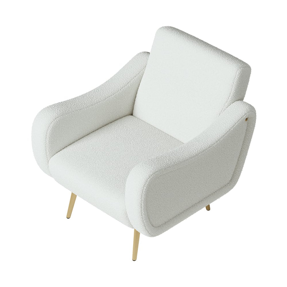 HMR - Modern White Boucle Accent Chair Armchair with Metal Leg in Gold