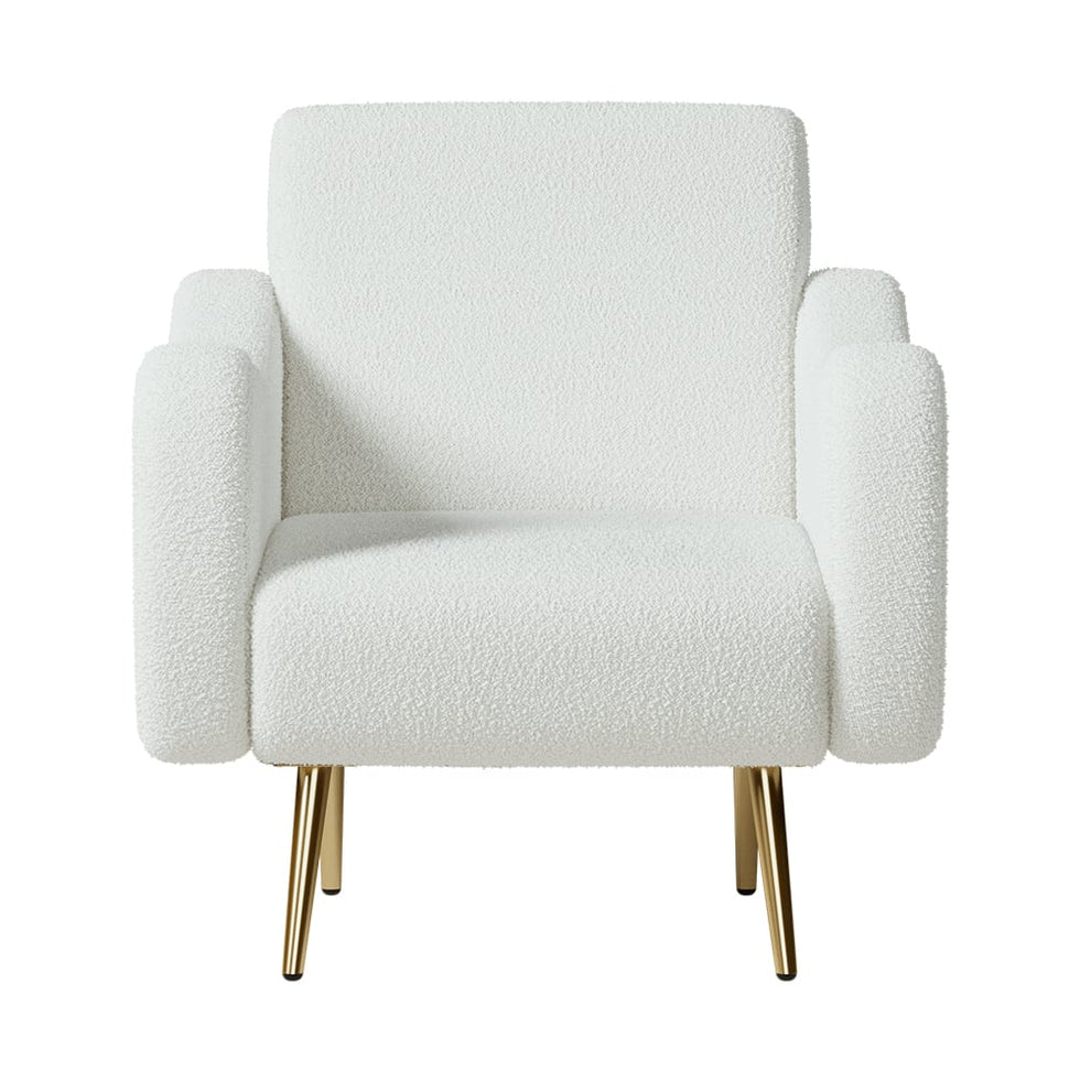 HMR - Modern White Boucle Accent Chair Armchair with Metal Leg in Gold