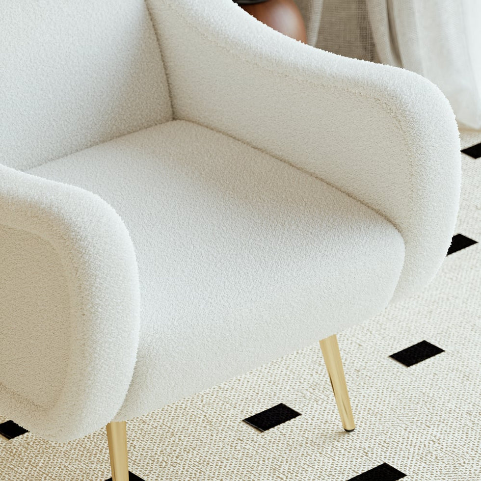 HMR - Modern White Boucle Accent Chair Armchair with Metal Leg in Gold