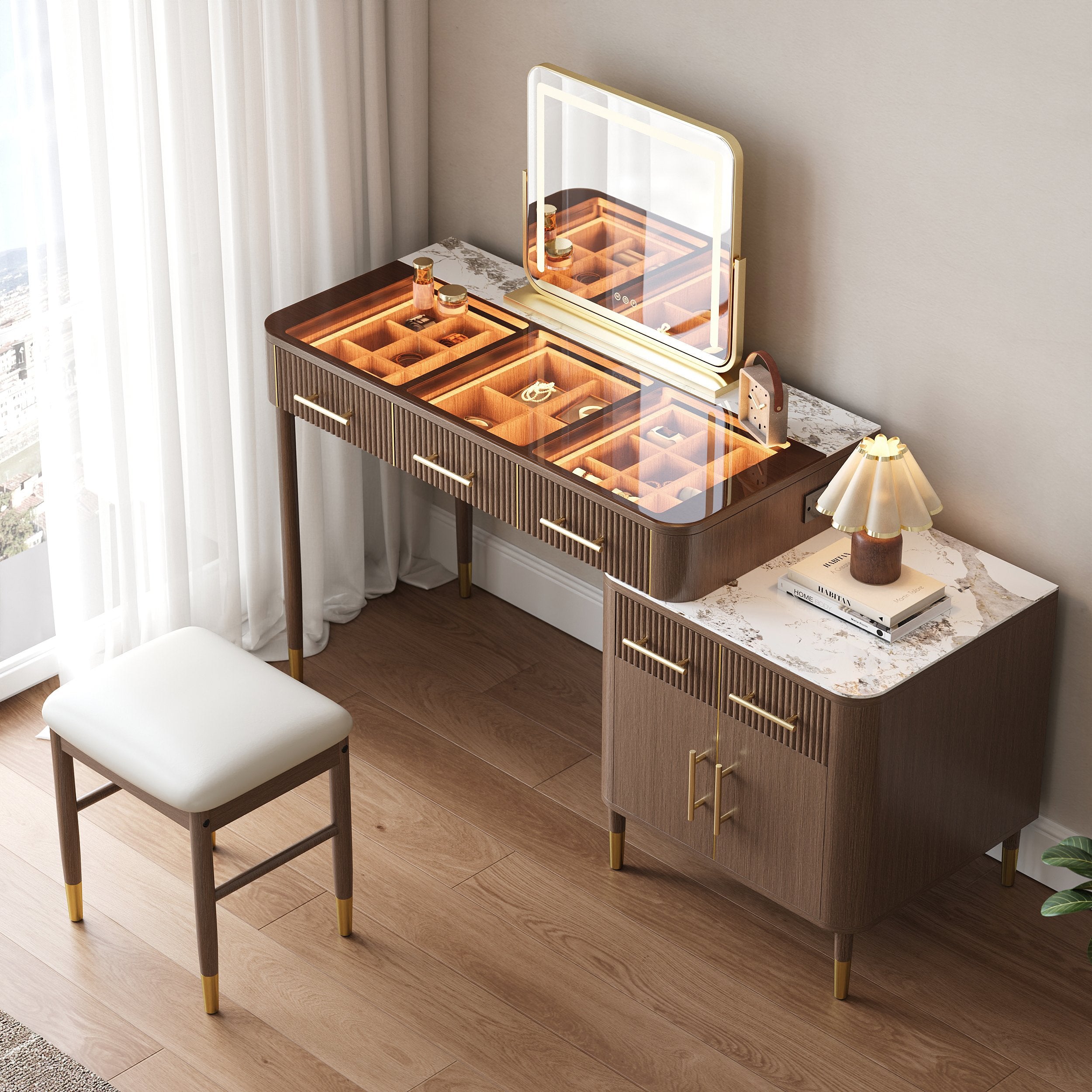 HMR - Glass Sintered Stone Top Makeup Vanity Set with Mirror