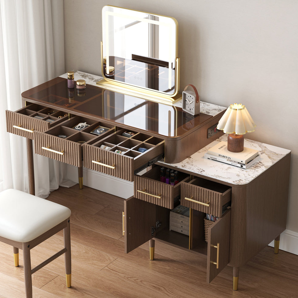 HMR - Glass Sintered Stone Top Makeup Vanity Set with Mirror