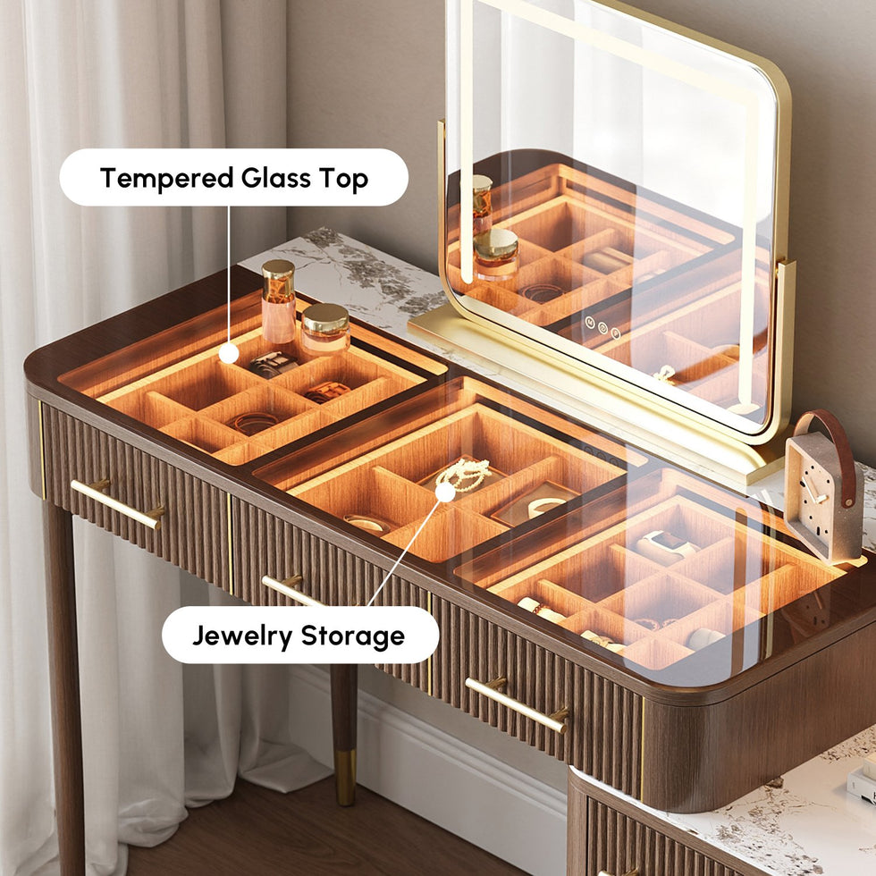 HMR - Glass Sintered Stone Top Makeup Vanity Set with Mirror
