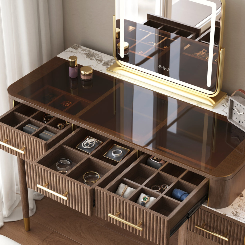 HMR - Glass Sintered Stone Top Makeup Vanity Set with Mirror